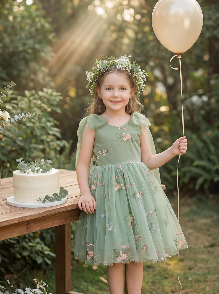 Flower Girl Dress Floral Embroidered Toddler Girls Dresses Fairy Tulle Dress for Wedding Birthday Party Photo Shoot