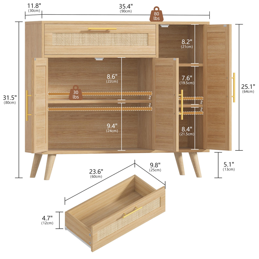 Kitchen Buffet Cabinet with 3 Doors, Rattan Storage Cabinet