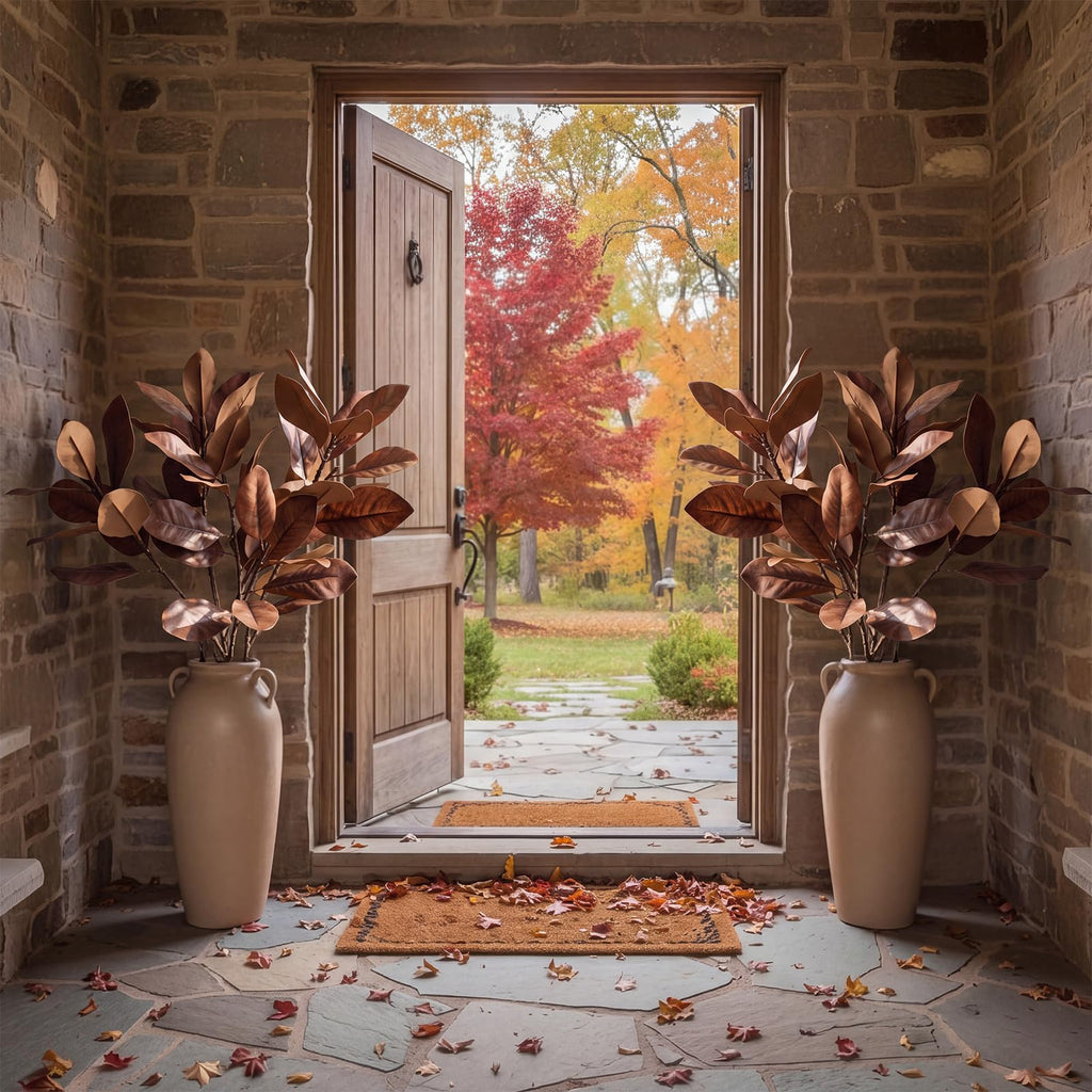 3 Pack 43 Inch Artificial Magnolia Stems Yellow-Brown Fall Stem Decor