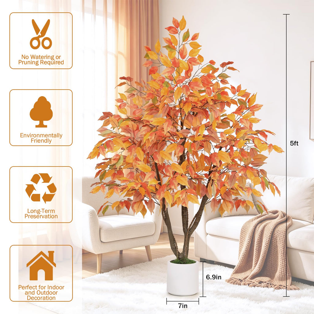 Artificial Fall Ficus Tree 5FT, Indoor Outdoor Faux Tree