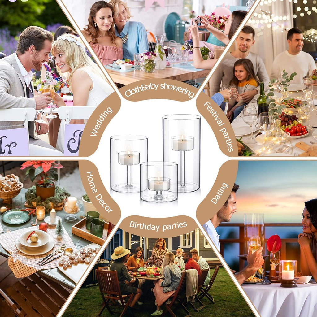 3 Set Hurricane Glass Candle Holders Pillar Votive Hand Blown Clear Cylinder Vase Modern Rustic Table Centerpieces