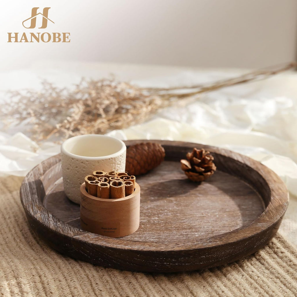 Candle Plate Holder Tray: Round Wood Decorative Candle Plate - Rustic Farmhouse CoffeeTable Decor