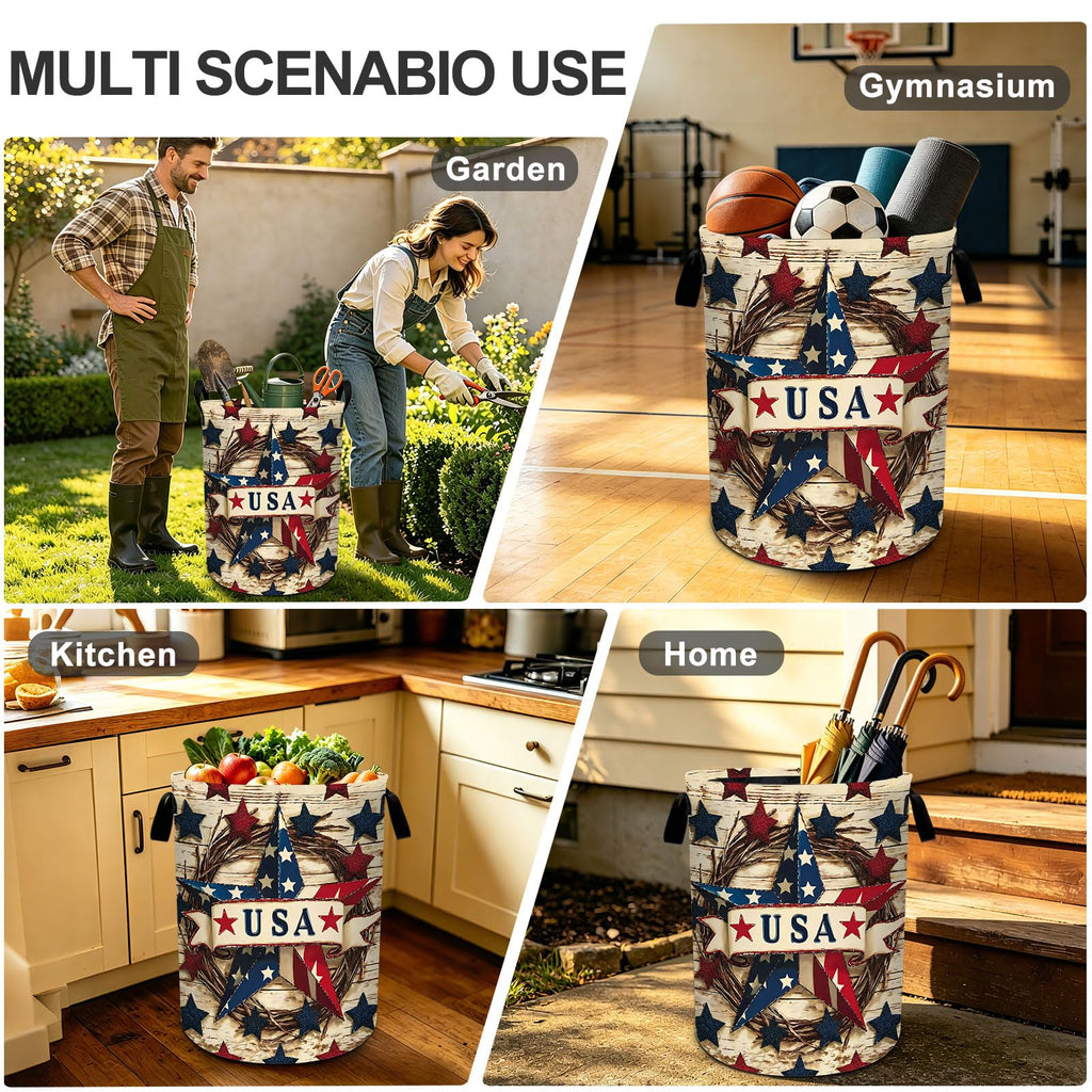 4th of July Wooden Print Star Laundry Basket Foldable Laundry Hamper With Handles Clothes Storage Bucket Organizer