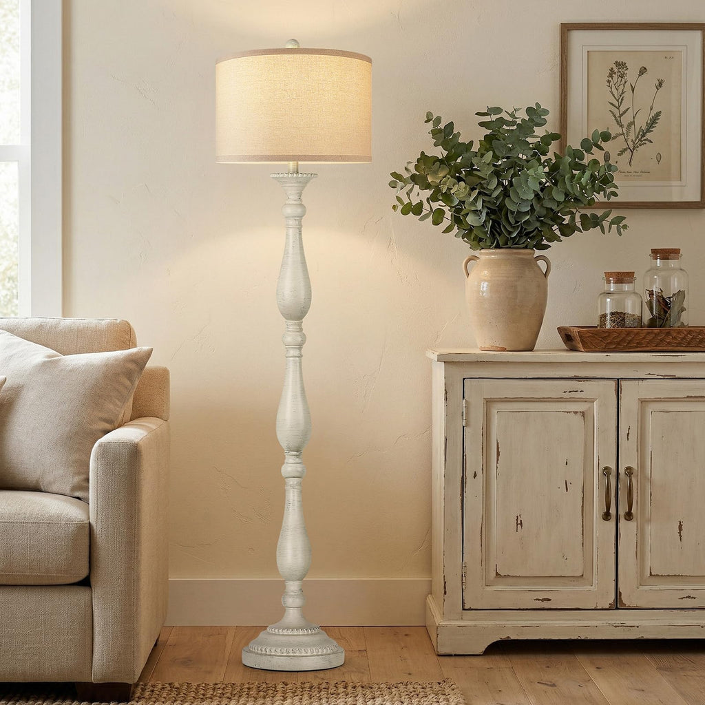Vintage Floor Lamp, Rustic Farmhouse Standing Lamp with Rotary Switch and Linen Shade, Retro Resin Floor Lamp