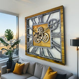 ImprovingLife The Gears Clock 24'' Inch Square Real Moving Gear Wall Clock Vintage Industrial Oversized Rustic Farmhouse (Wood and Stone)
