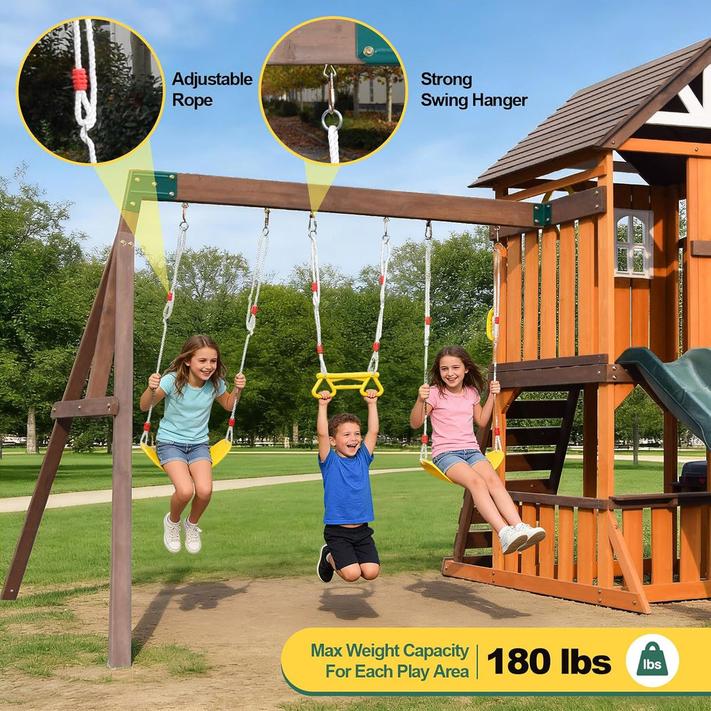 Cedar Wood Swing Set with Slide,Rock Wall,Belt Swings,Tic-Tac-Toe, Play Kitchen for Kids Backyard Outdoor