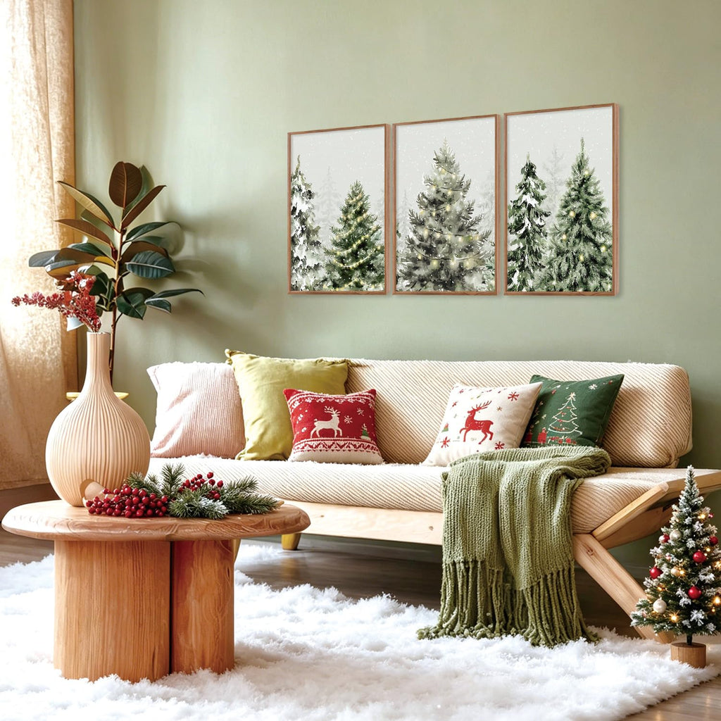 Framed Christmas Tree Wall Art, Winter Snow Forest Pine Tree Decor