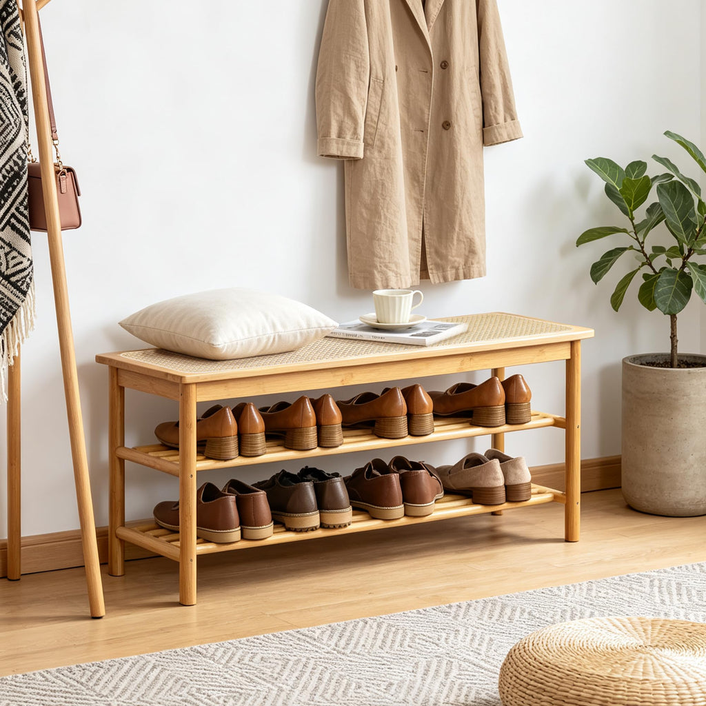 Bamboo Shoe Rack Bench with Rattan Seat, 3-Tier Shoe Storage Bench, Entryway Bench, Nature-39.4 inches