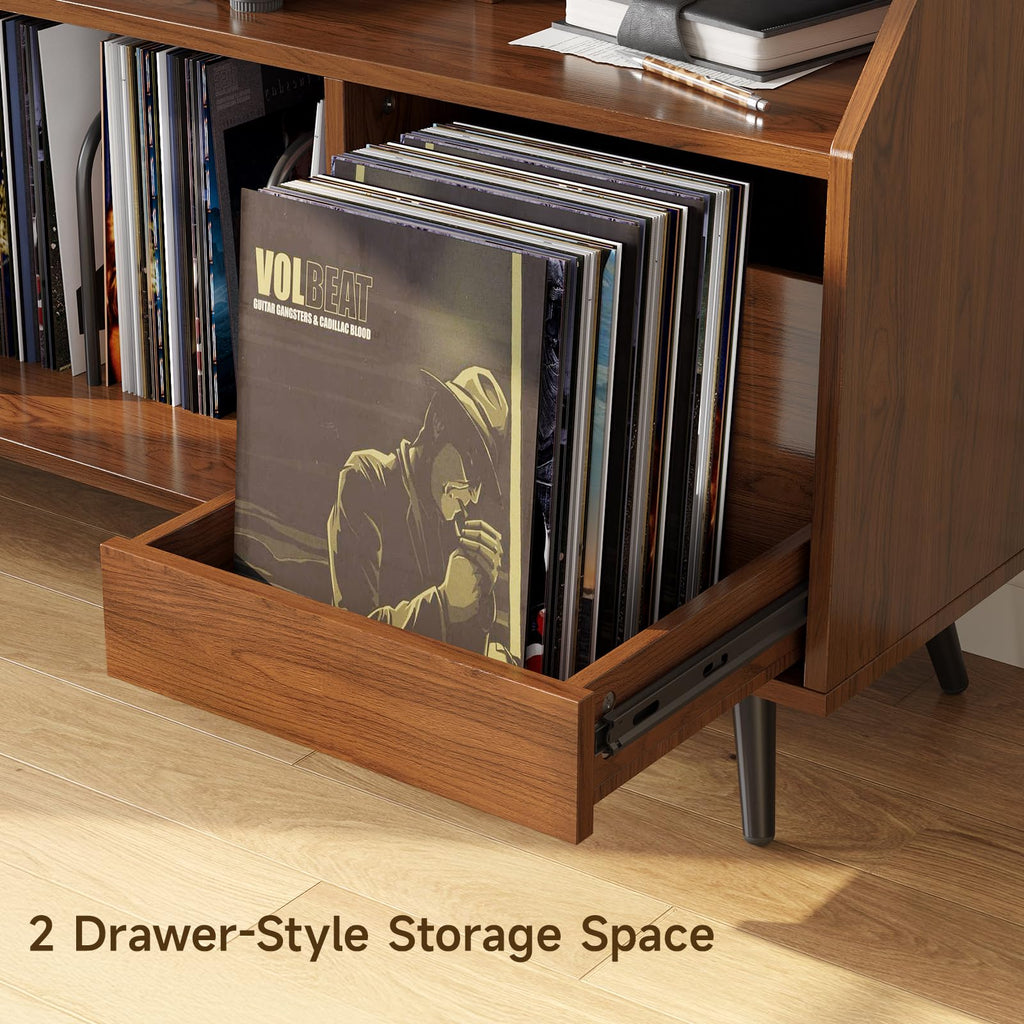 55 Inch Record Player Stand with LED Light, Walnut