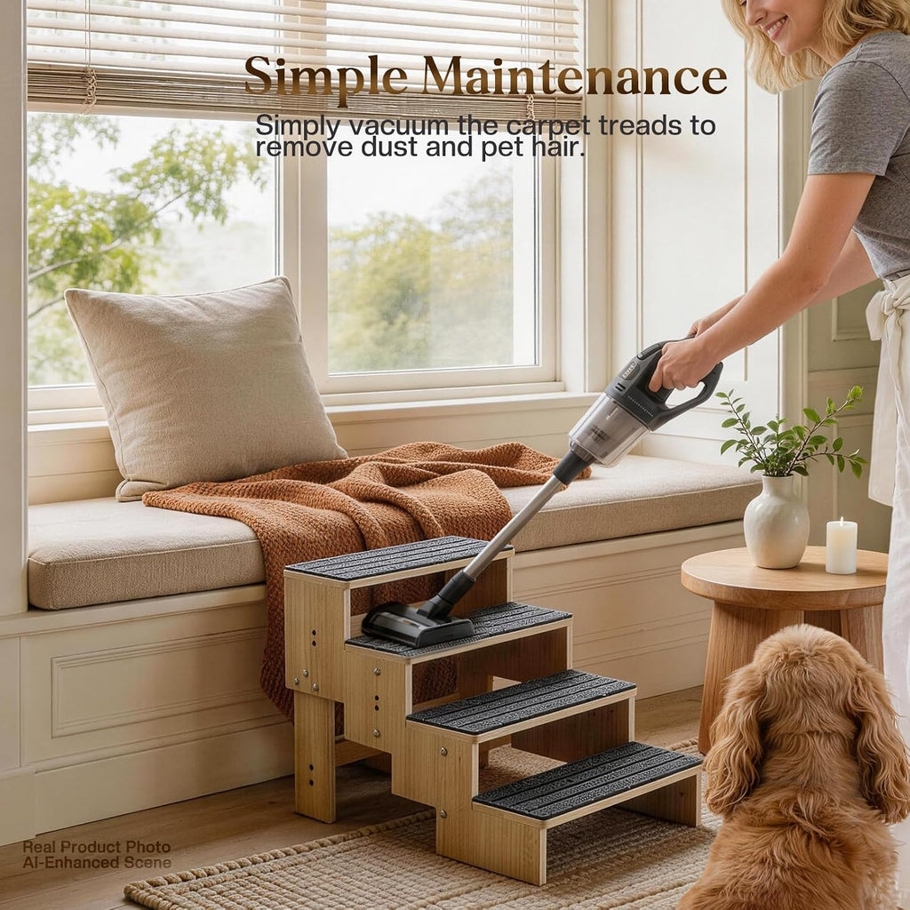 4-Step Wooden Dog Steps for Bed, Anti-Slip Dog Stairs with Carpet Pads, 23.6 Inches Pet Ramp for Dogs to Get on Bed