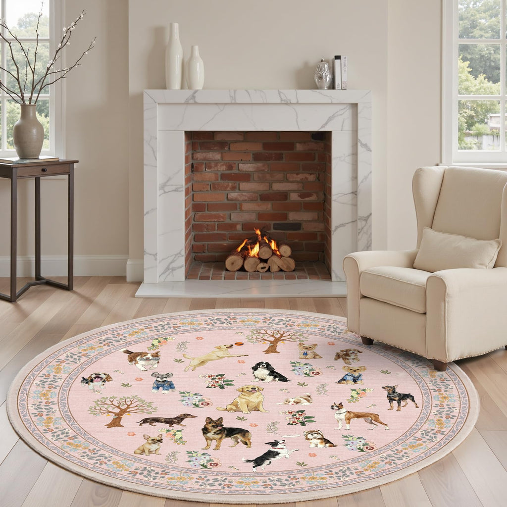 Pink 4Ft Round Dogs Area Rug Bedroom