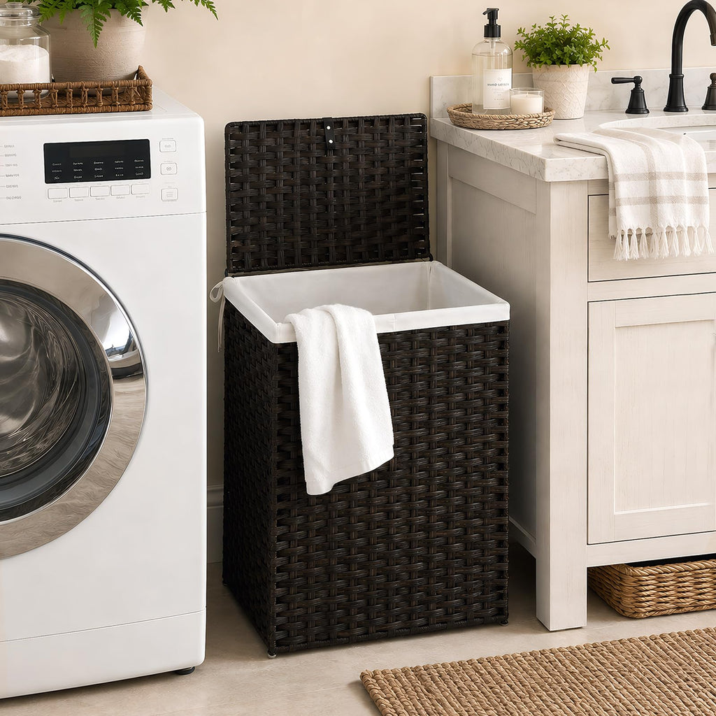 Laundry Basket with Lid, 90L Wicker Laundry Hampers, Chestnut Brown