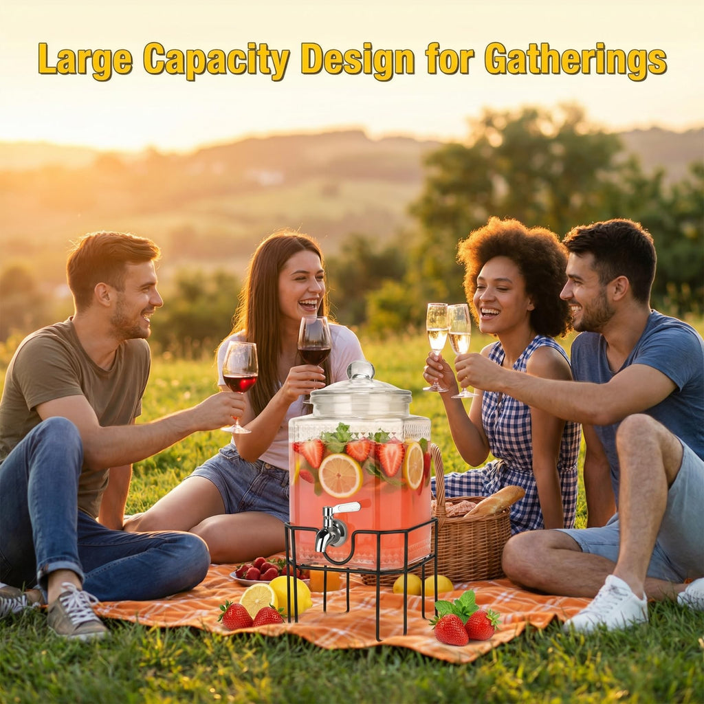 Drink Dispenser, Drink Dispensers for Parties, 1 Gallon Glass Beverage Dispenser with Stand and Glass Lid, 100%