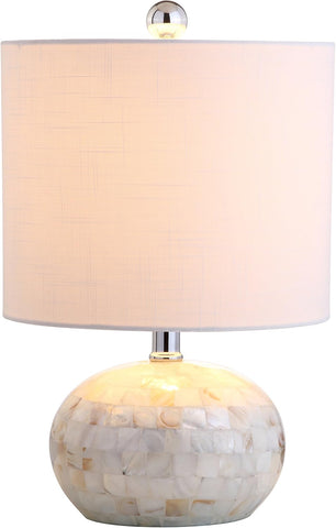 16" Coastal Capiz Shell Mosaic Table Lamp Living Room, White Linen Shade, Transitional Cottage Night