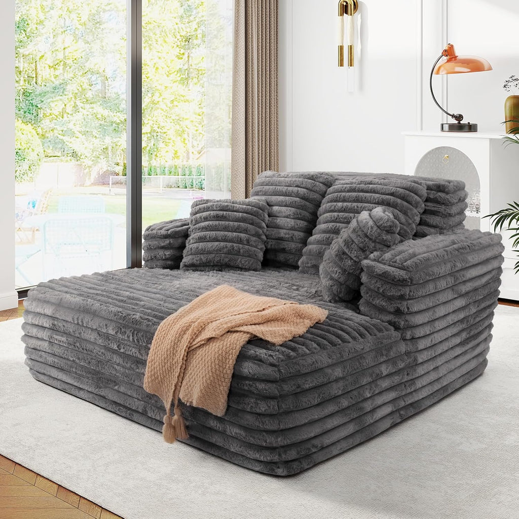 56" Oversized Chaise Lounge Chair Indoor,Plush Faux Fur Sleeper Sofa Couch Bed with Pillows&Wide Armrests,Fluffy