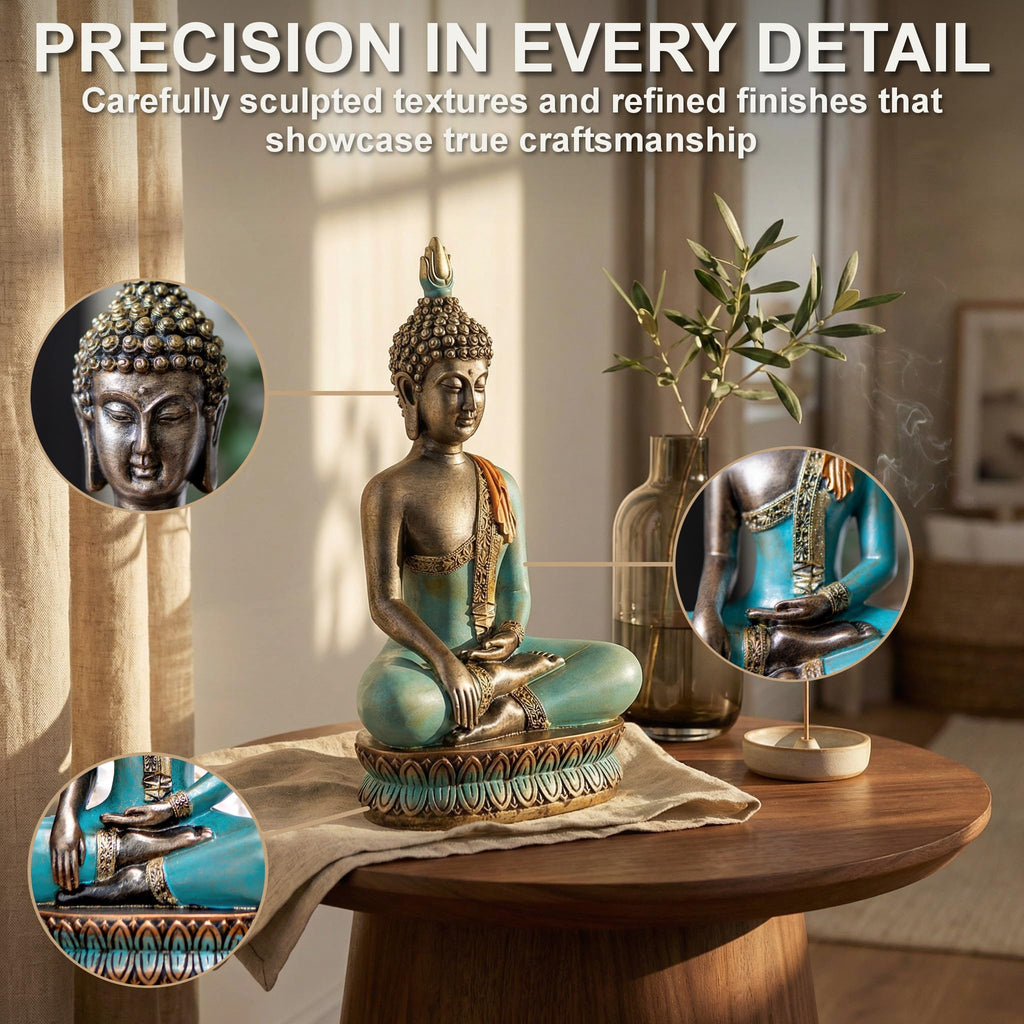 Large 12.5-Inch Polyresin Buddha Statue, Hand-Painted Turquoise & Gold