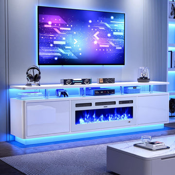 80", 36" Electric Fireplace with Adjustable Flames & Double LED Lights, Remote Control, Storage Cabinet with High