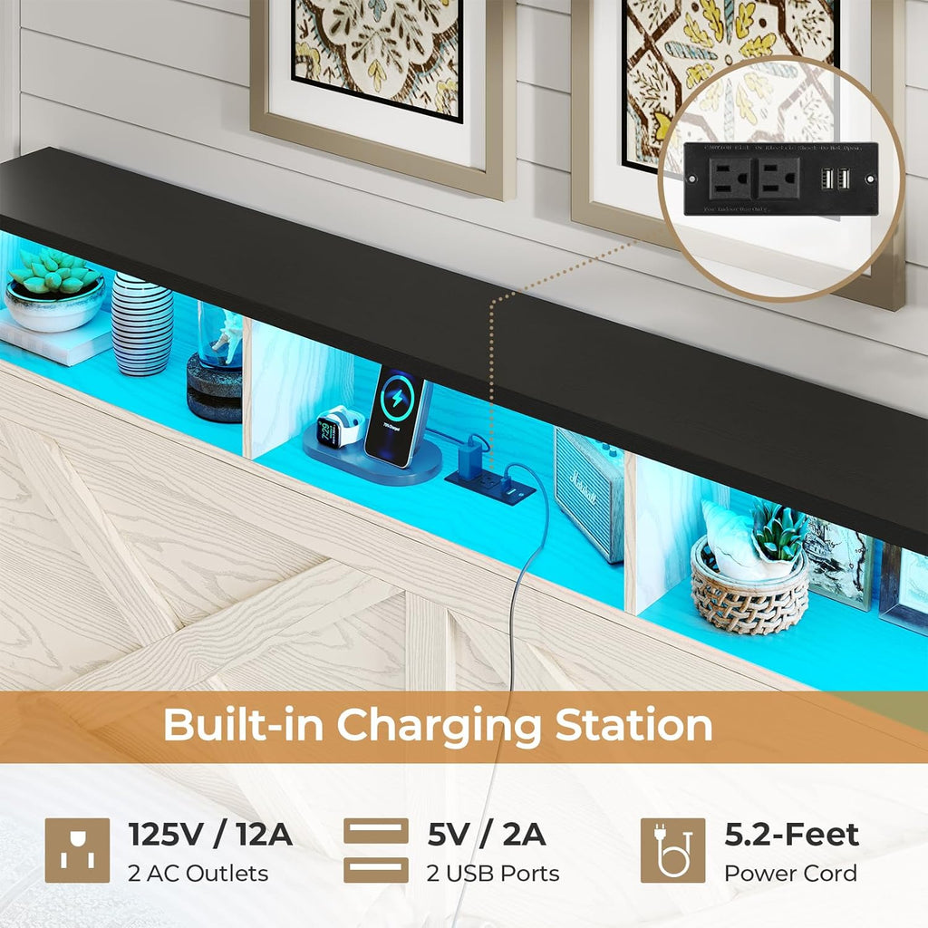 Farmhouse Queen Bed Frame with Storage Headboard, Charging Station and LED Lights Wood Platform Bed Frame Queen with