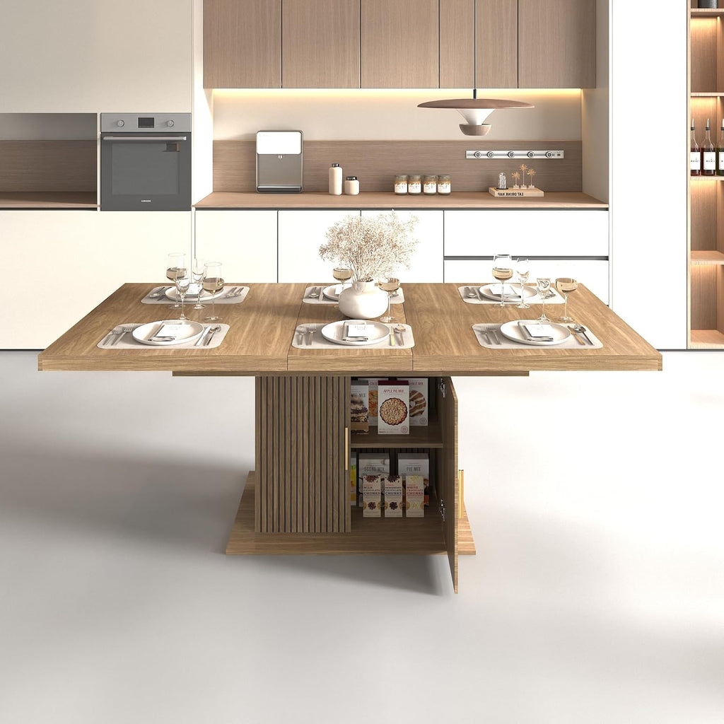 63"-79" Extendable Dining Room Table for 6-10 People, Modern Minimalist Dining Table with 2 Tier Storage, Space