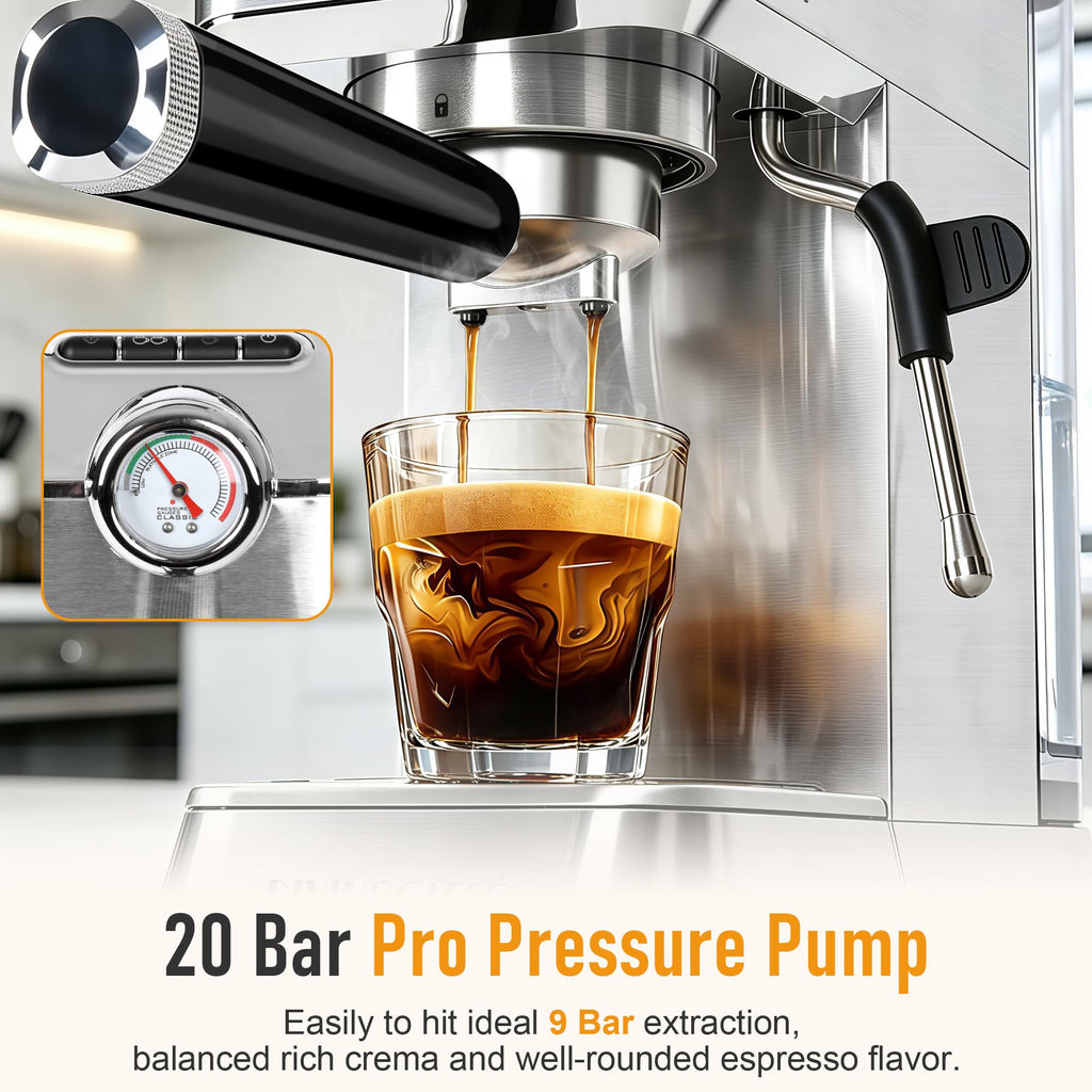 Compact Espresso Machine with Milk Frother and Pressure Gauge, 20 Bar Pump