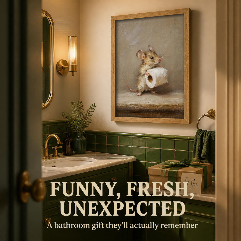 Framed Whimsical Textures Mouse Wall Art Funny Bathroom Wall Decor Cute Animal Painting Picture Neutral Beige Rustic