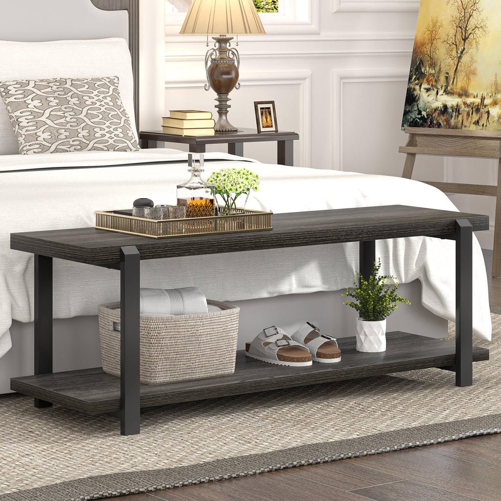 47 Inch Shoe Storage Bench, Rustic Wood and Metal Entryway Bench Front Door Entrance, Vintage Indoor Shoe Rack Bench