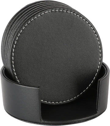 Durable Round Black Leather Coaster for Drinks with Holder (6 Pack) - Set of 6