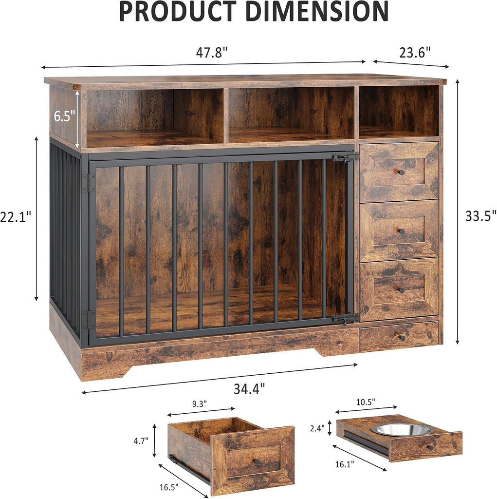 Dog Crate Furniture with Bowl, Medium Dog Cage, Retro Brown