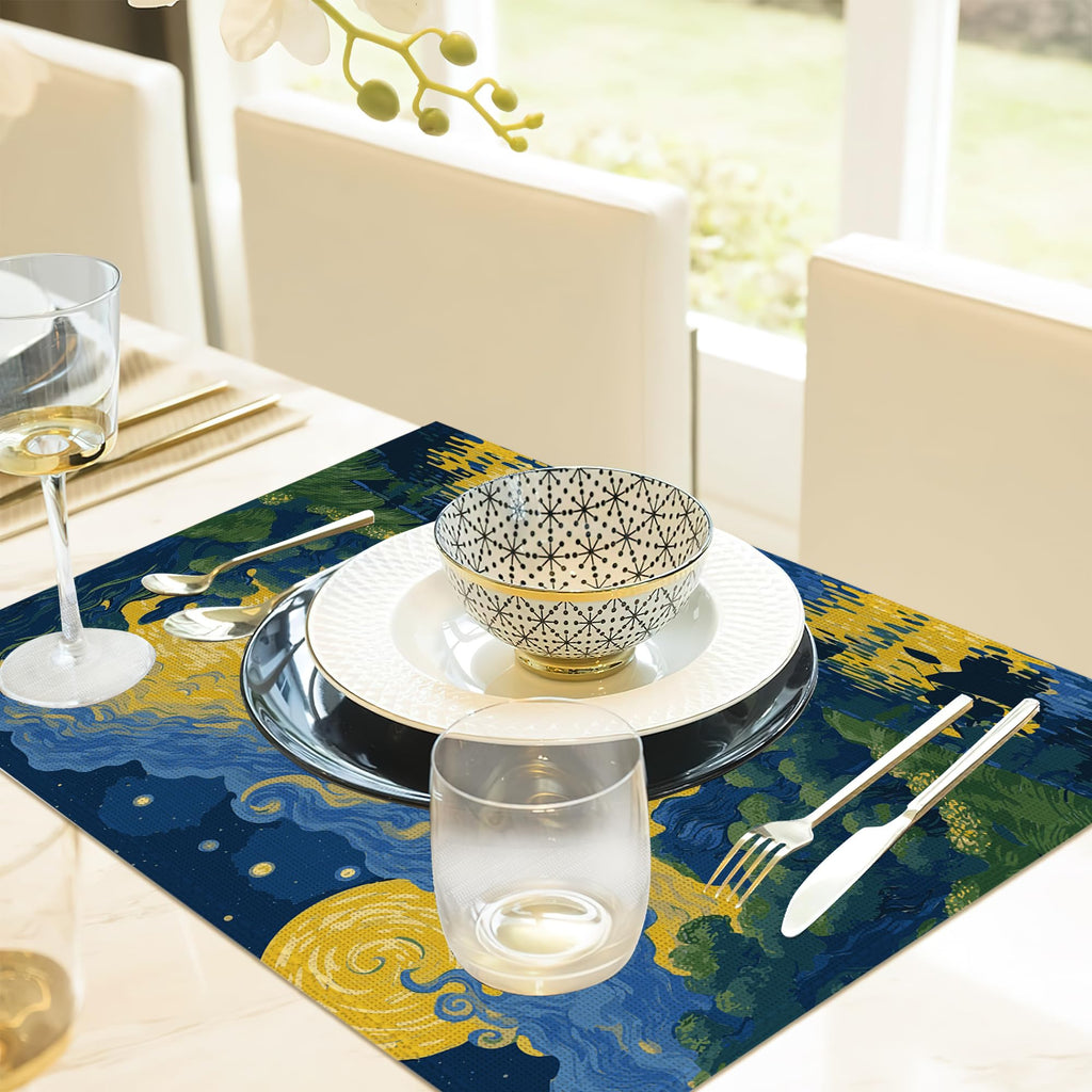 Van Gogh Style Watercolor Painting Placemats, 12 x 18 inch, Linen Table Runner Kitchen Dining Room Decor Holiday