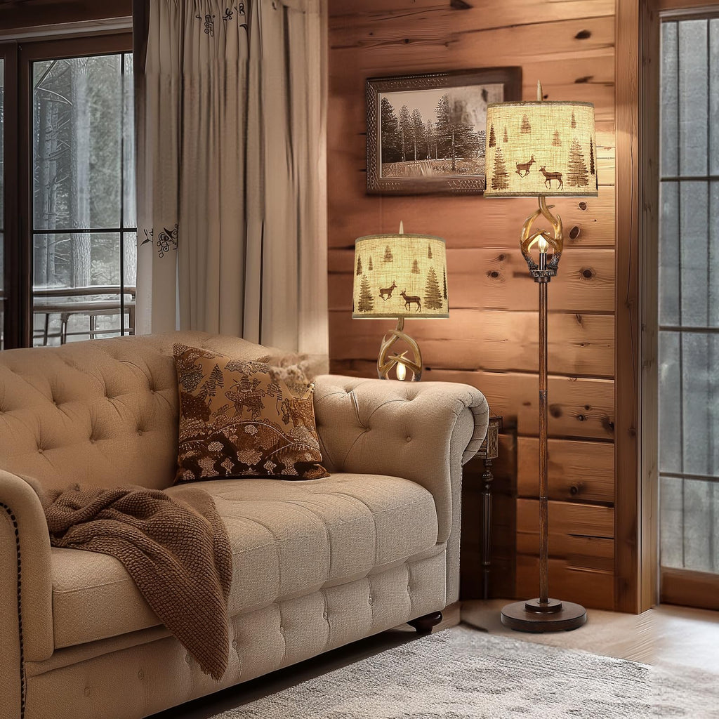 Rustic Antlers Floor Lamp with Night Light, Brown Finish