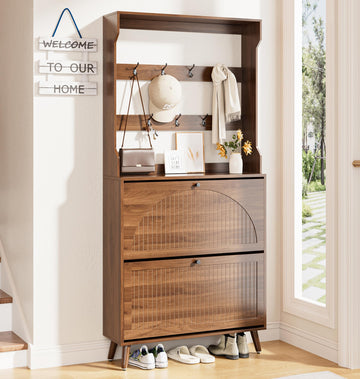 Shoe Storage Cabinet with 2 Fluted Flip Drawers & Coat Rack, Walnut