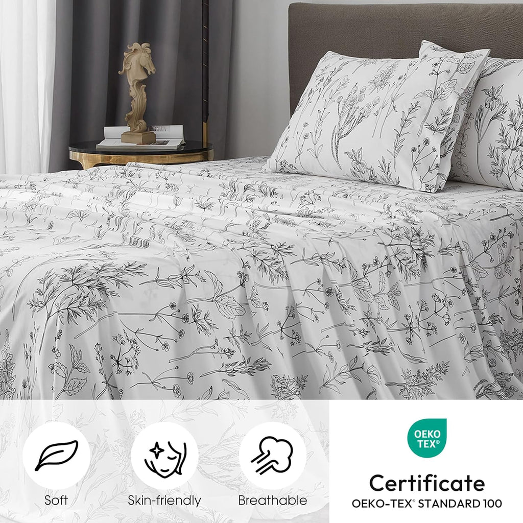 Floral Sheets Queen,18 inches Deep Pocket Sheets, 1800 Thread Count Black and White Leaf Floral Bed Sheets Soft