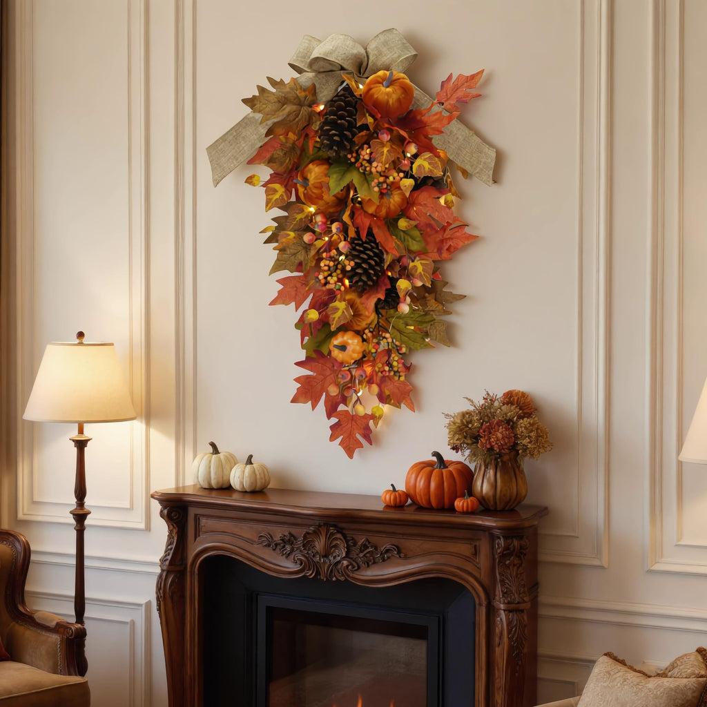 30" Pre-lit Fall Teardrop Swag, Pumpkin Maple Leaf 35 Fairy Light