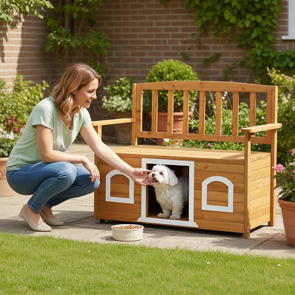 Outdoor Dog House, Wood Bench with Dog House for Small Pets, Outdoor Cat House with Flip Seat for Easy