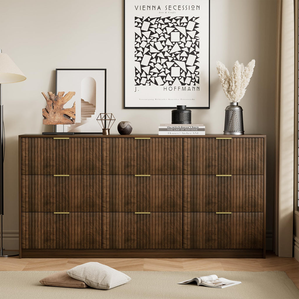 Walnut 9 Drawer Dresser, 63" Wide Fluted Wood Dresser