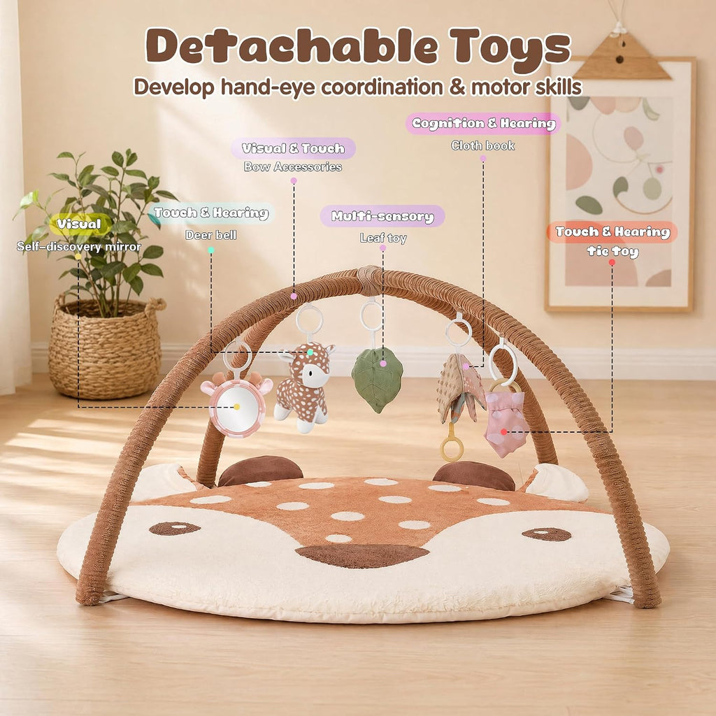 Deer Tummy Time Mat Baby Play Gym with 5 Sensory Toys for Newborn