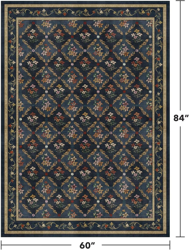 Blue Floral Rugs 5x7 Area Rugs, Non Slip Stain Resistance Washable Vintage Large Area Rug, Low Pile Checkered