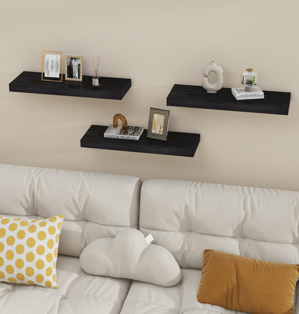 Black Floating Wall Shelves 24in Deep Set of 3 Holds 37lbs