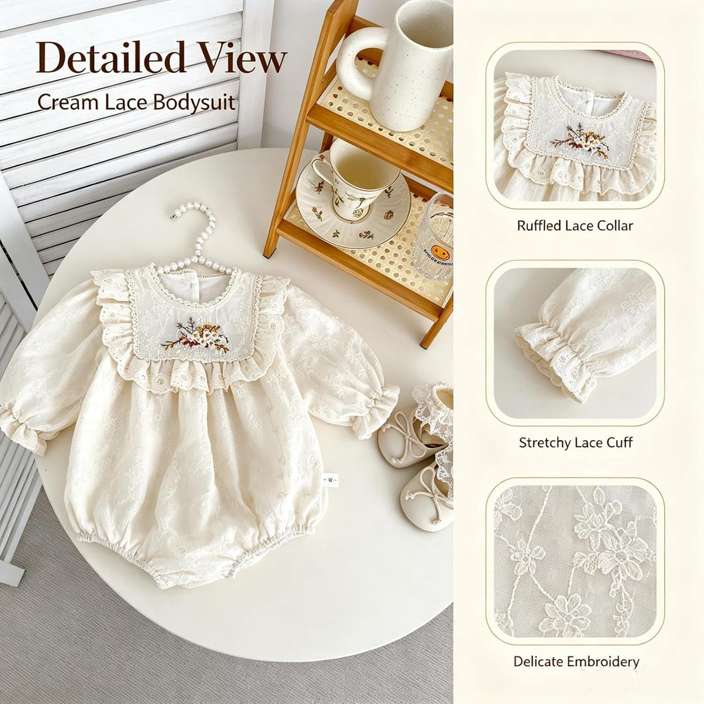 Baby Girl Long Sleeve Romper Floral Embroidery Lace Ruffle Collar Bubble Bodysuit for Spring Fall Outfit