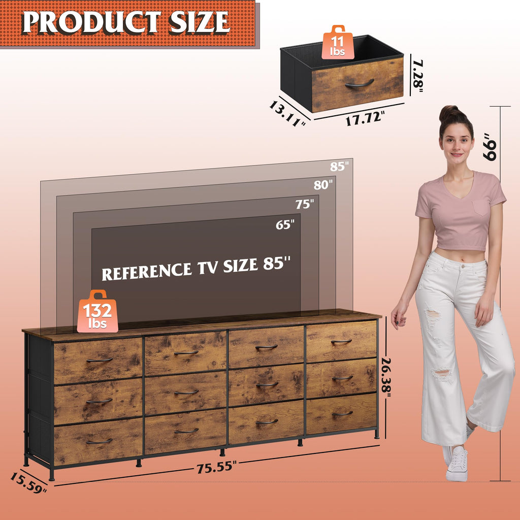 Long TV Stand for 85 Inch TV, 12 Drawer, Rustic Brown