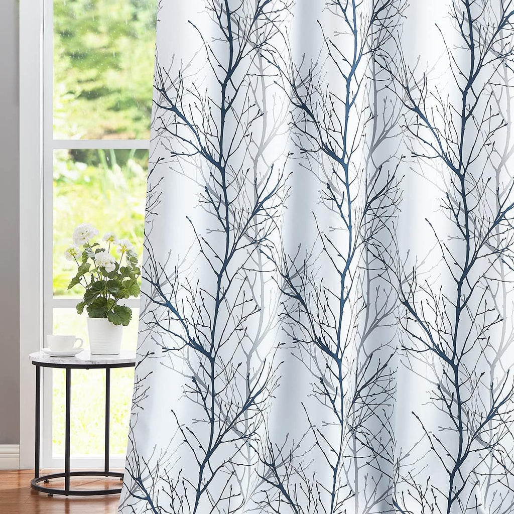 100% Blackout Curtains, Blue White Tree Curtains 84 Inches Long, Grey Farmhouse Room Darkening Window Curtains for