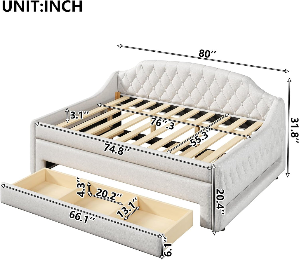 Upholstered Full Size Daybed with LED Lights, Trundle & 3 Drawers, Linen Sofa Bed for Guest Room & Small Spaces