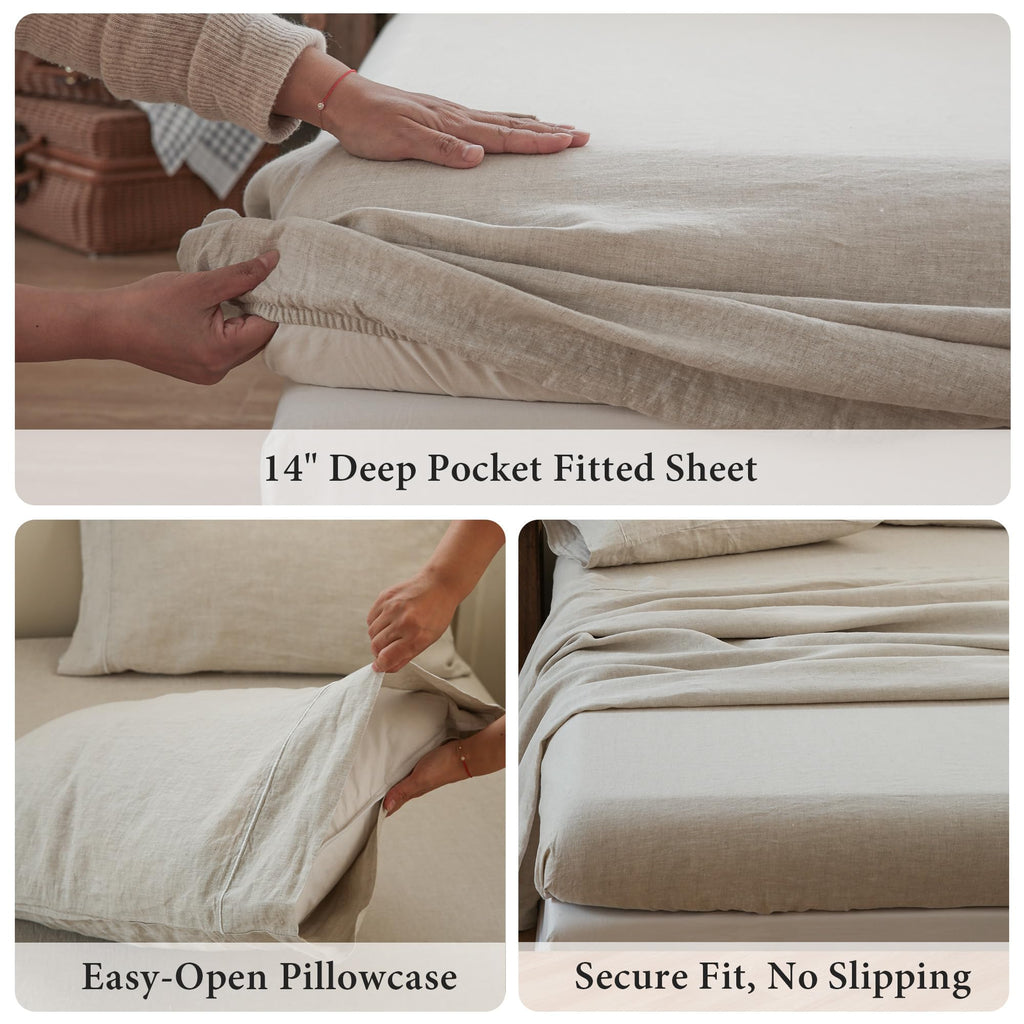 100% French Linen Sheet Set -Pure Natural Flax Bed Sheet-4 Pcs Breathable Ultra Soft Farmhouse Bedding (1