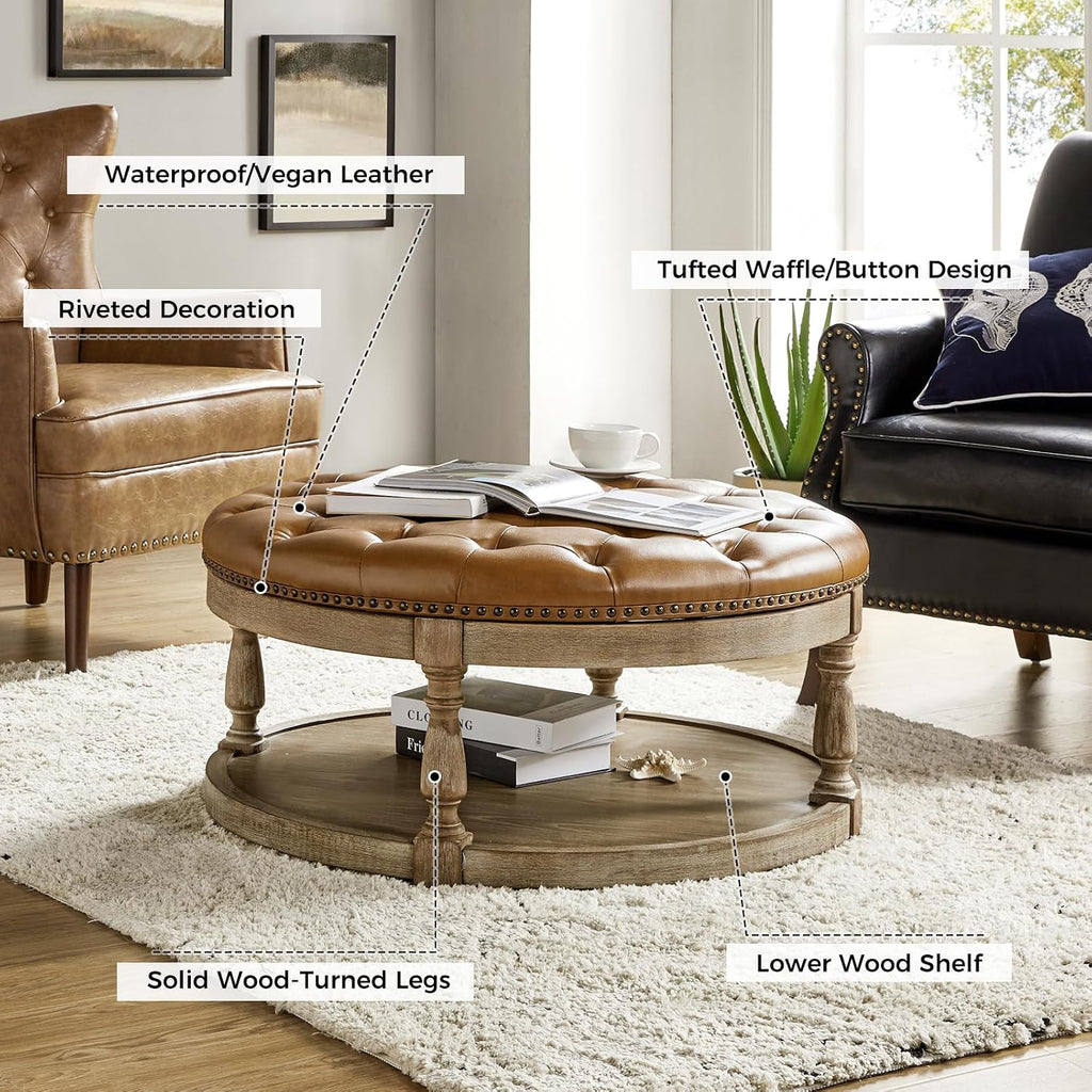Faux Leather Ottoman Coffee Table , Large Round Button Tufted Cocktail, Upholstered Footrest Storage Ottoman with