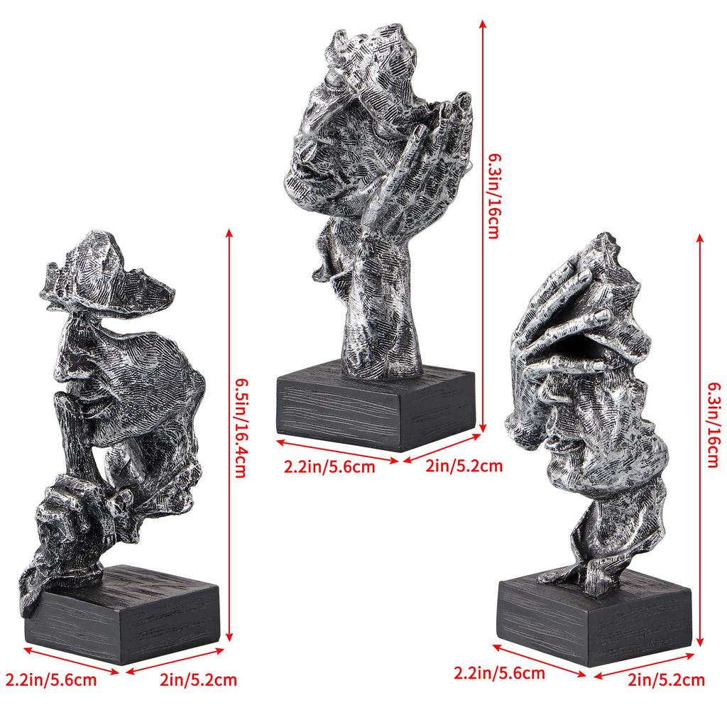 3Pcs Thinker Statue, No Hear No See No Speak Abstract Art Figurine, Sculpture Decor, Desktop, Bookshelf (Silver)