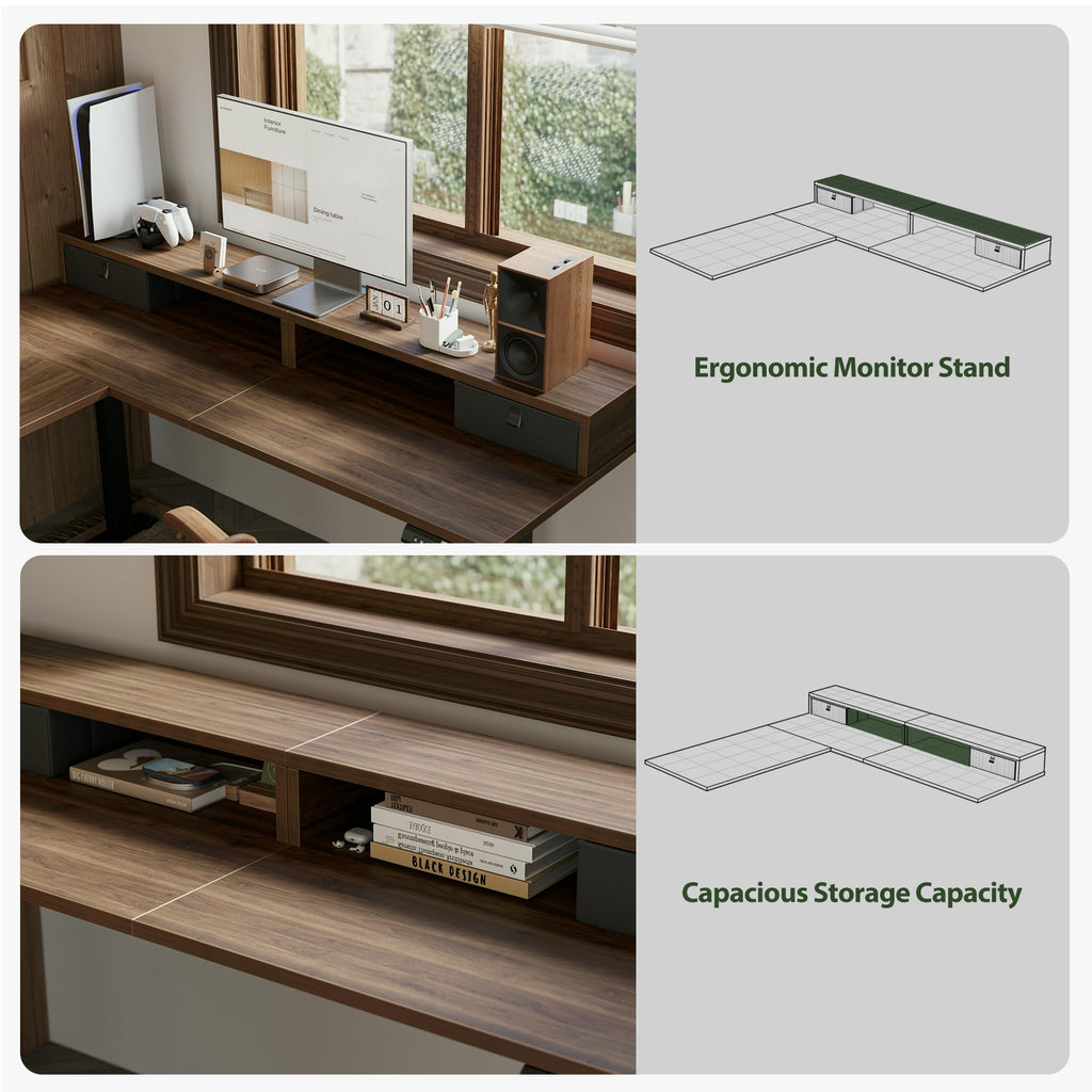 63 Inch L Shaped Electric Standing Desk with Drawer, Dark Walnut
