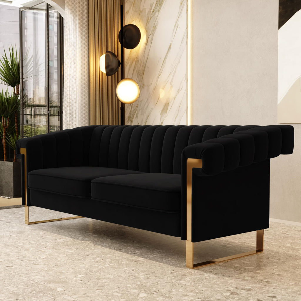 Mid-Century Modern Black Sofa with Gold Metal Legs, 83.86" Luxury Chesterfield Comfy Couches (, Black)