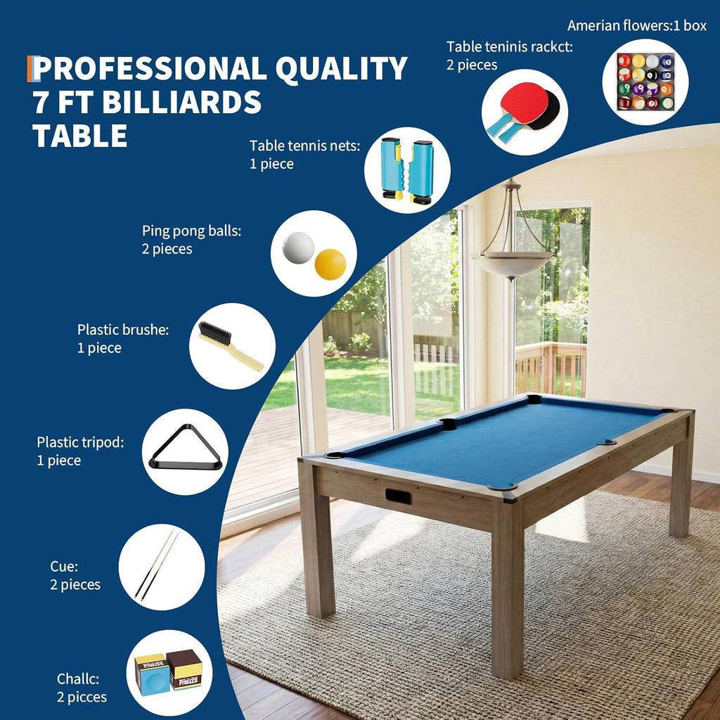 7 ft Pool Table Combo,3 in 1 Pool, Dining, & Table Tennis with Full Accessories,HDF Wood Grain Finish & Chrome Accents