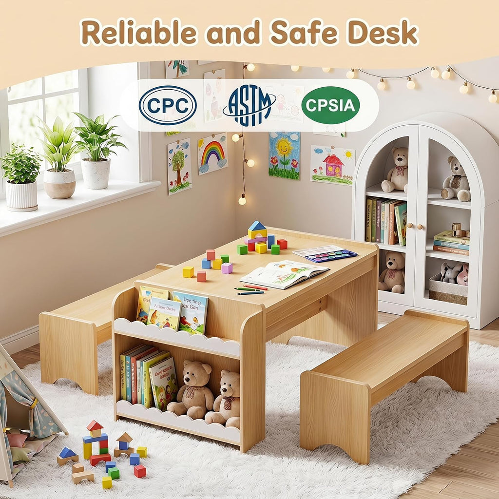 Kids Table and Bench Set, Montessori Kids Table and Chair Set, Indoor Wooden Toddler Activity Table with Bookshelves