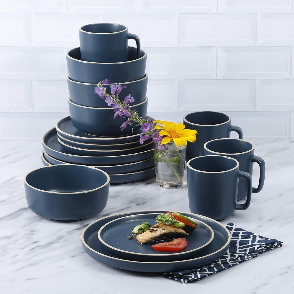 Zuma 16 Piece Round Kitchen Dinnerware Set, Dishes, Plates, Bowls, Mugs, Service for 4, Matte Stoneware
